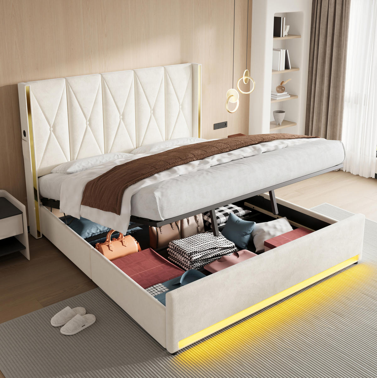 POLSTERBETT 180/200 cm mit LED, USB/Type-C, Seitentaschen und hydraulischem Bettkasten, Beige - Beige, Textil (180/200cm) - Redom
