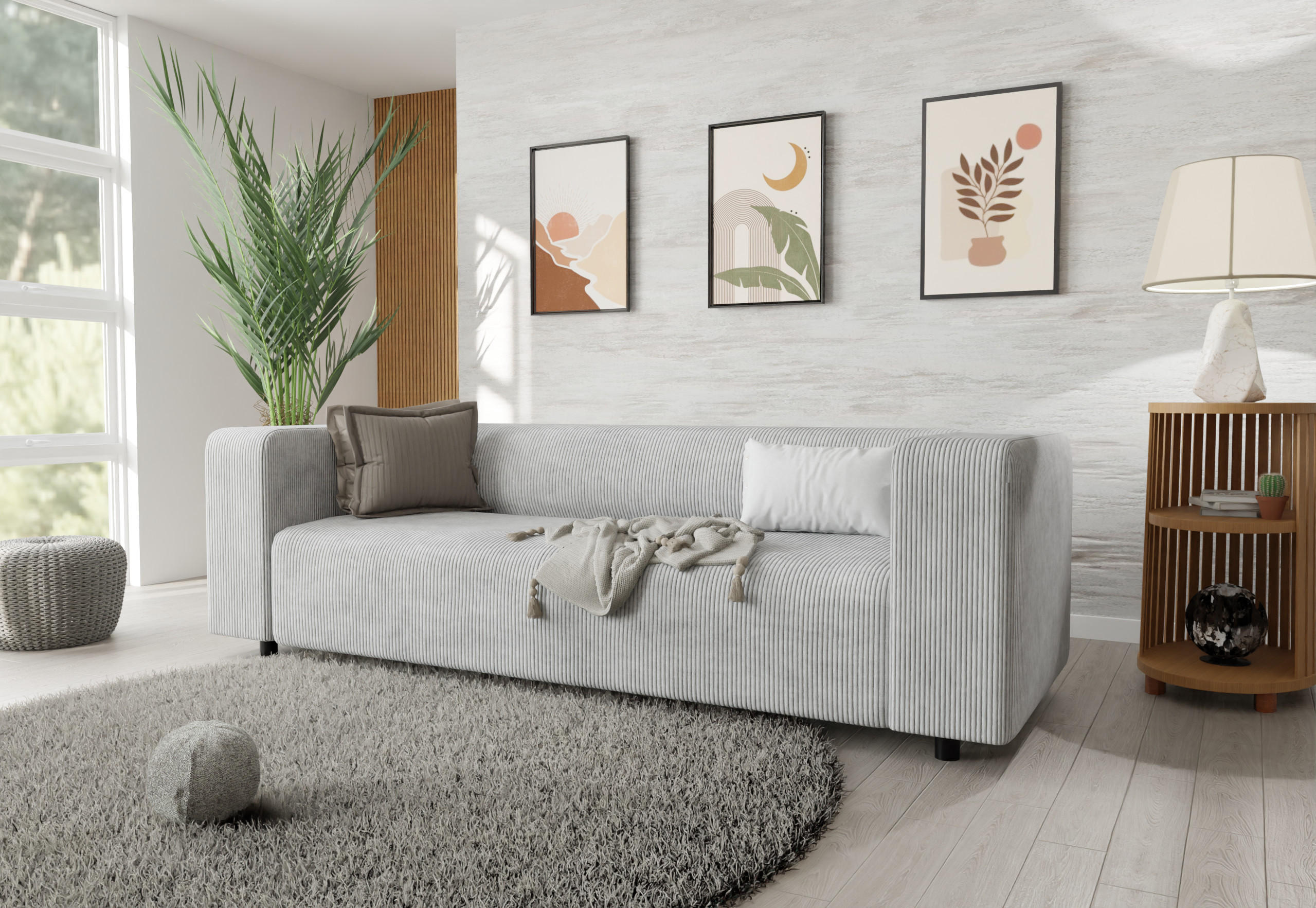 3-SITZER-SOFA Tove Hellgrau Cord - Hellgrau/Schwarz, Holz/Kunststoff (135/65/80cm) - S-Style Möbel