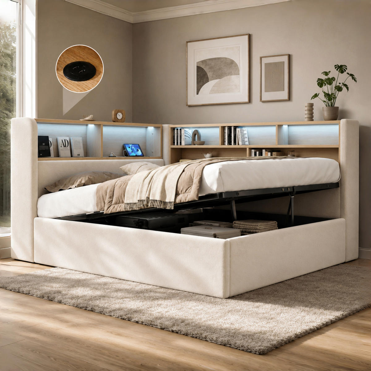 BETT 140/190 mit Bettkasten, LED und USB in Beige - Beige, Holzwerkstoff/Textil (140/190cm) - EVRYAE