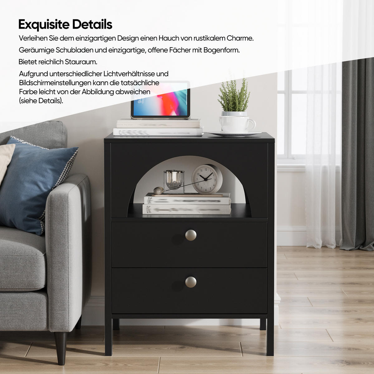 NACHTTISCH Schwarz 45 cm – Nachtkonsole mit 2 Schubladen & offenem Fach - Schwarz, Holzwerkstoff (45/58/40cm) - Urban Meuble