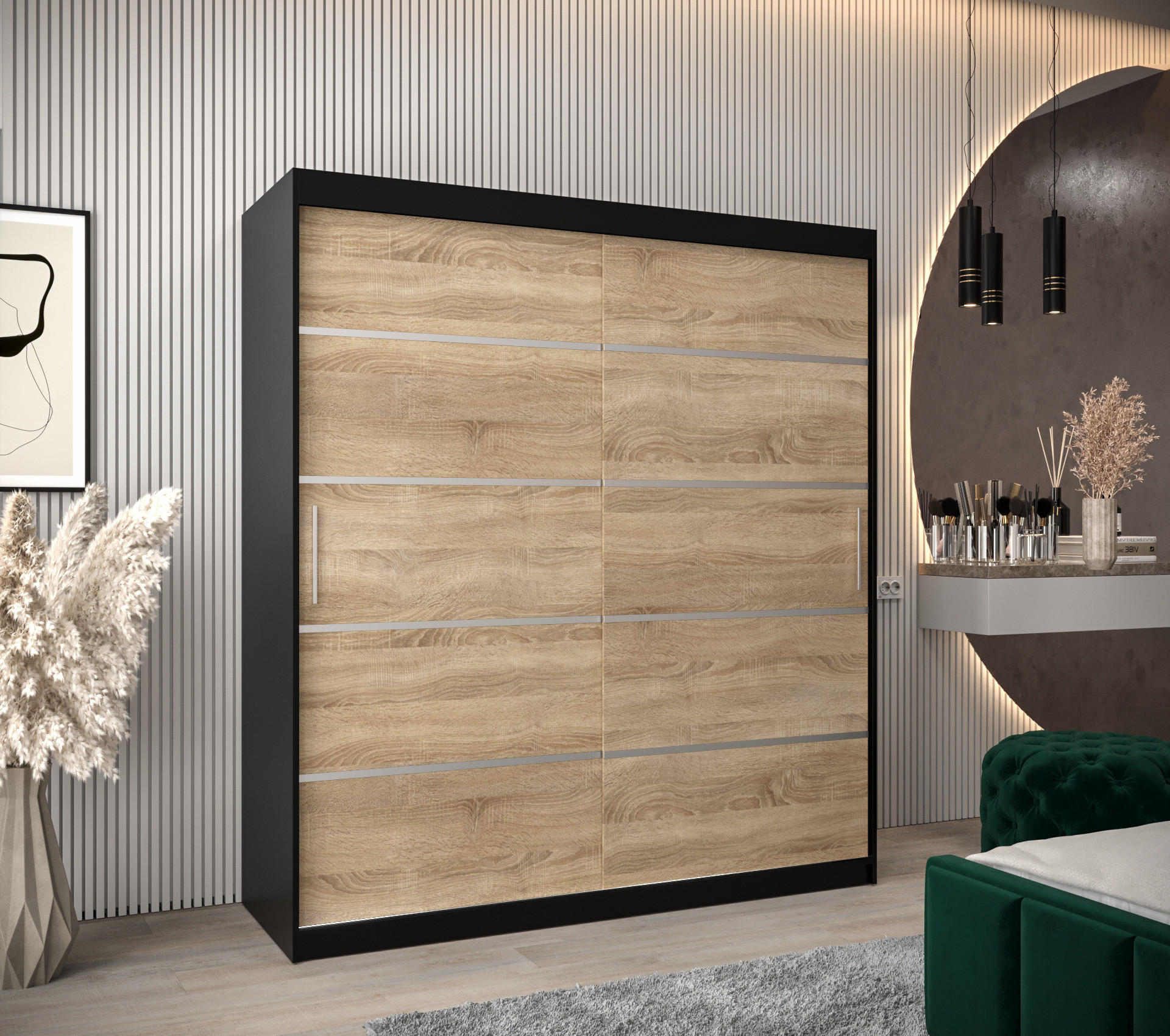 SCHWEBETÜRENSCHRANK 200/180/62 2-türig - Silberfarben/Schwarz, Holz/Kunststoff (180/200/62cm) - Abiks Möbel