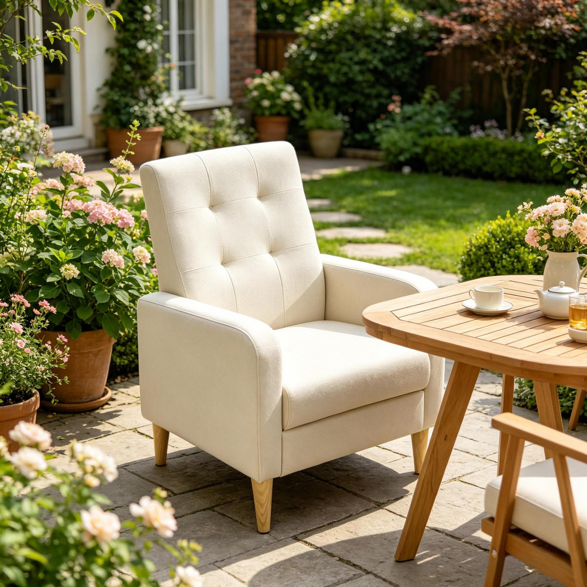SESSEL hohe Rückenlehne mit Leinenbezug, DE-42157, Beige - Beige, Holzwerkstoff (61/90.5/54cm) - ComfortXL