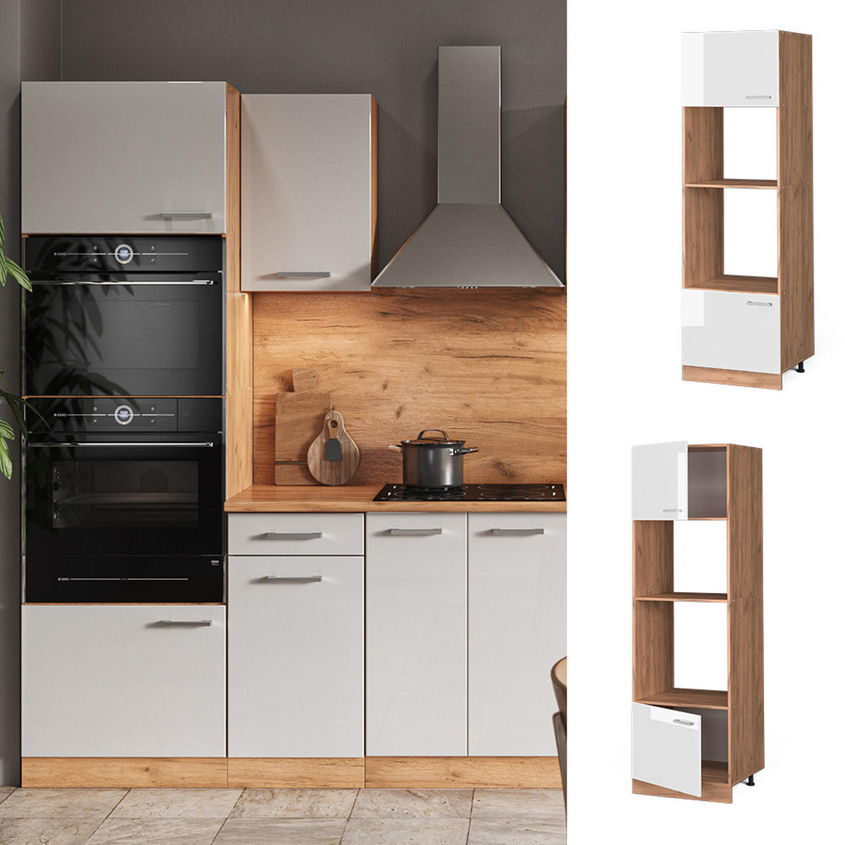 MIKROWELLENSCHRANK R-Line Weiß Hochglanz 60 cm - Honigeiche/Weiß Hochglanz, Holzwerkstoff (60/206.8/57.2cm) - Vicco
