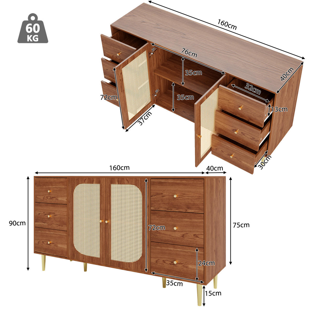 SIDEBOARD 160/40/90 cm, 6 Schubladen und Rattantüren, MDF in Wood-Optik, Naturfarben - Naturfarben, Holzwerkstoff (160/90/40cm) - Redom