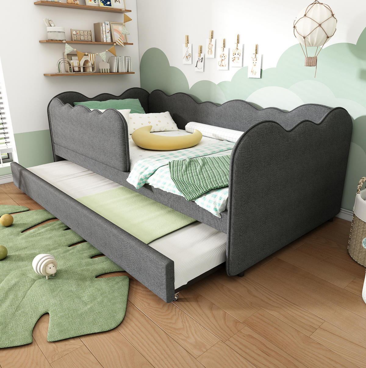 ČALÚNENÁ posteľ 90/190 cm, ľan sivá, s výsuvným lôžkom - sivá, textil (90/190cm) - BEAOK