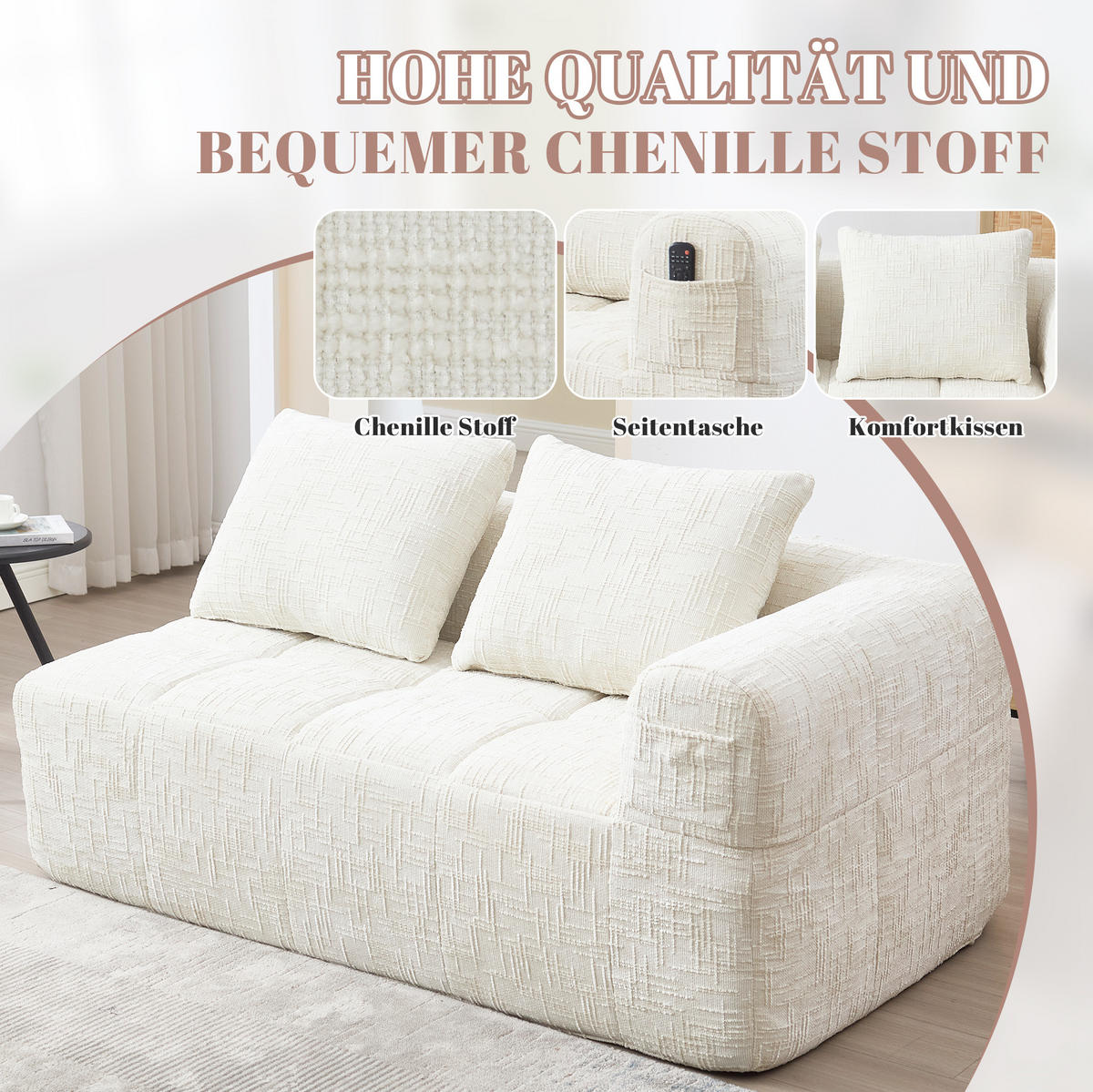 POHOVKA 158/90/60 cm béžová z chenille s kapsami a polštářem - béžová, textil (60/158/90cm) - OKWISH