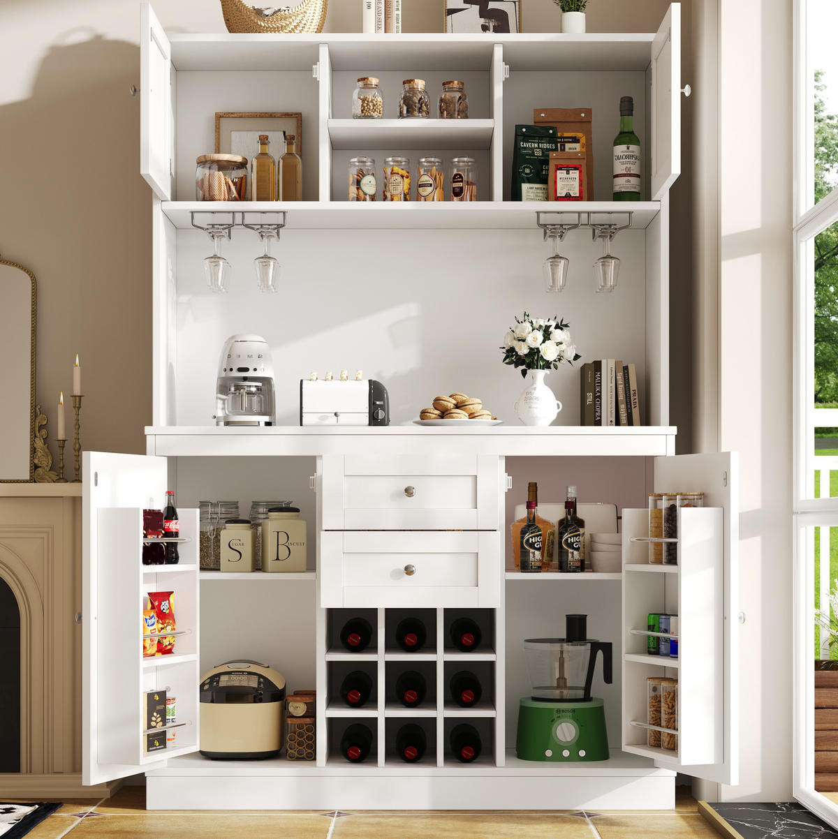 KÜCHENBUFFET/HOCHSCHRANK aus MDF in Weiß, mit Weinregal und 3D-Türen, 120/40/188 cm, Weiß - Weiß, Holzwerkstoff (120/180/40cm) - Redom