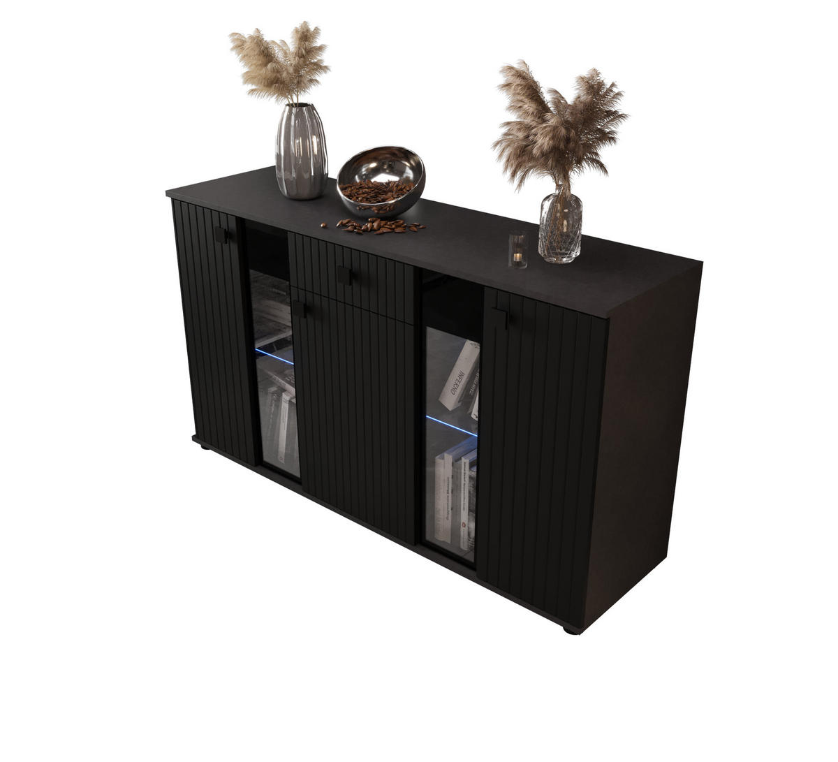 KOMMODE London LSMK LAMELE mit 3 Türen, Sideboard in Farbe: Schwraz, Größe: 140 x 80 x 40 cm - Schwarz, Holzwerkstoff (140/80/40cm) - O-Sofa
