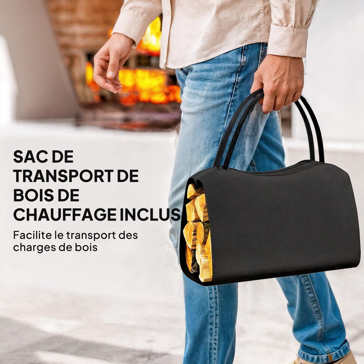 KAMINHOLZREGAL DE-18360 mit abnehmbarem Transportsack, 50 kg Schwarz - Schwarz, Metall (33/43/53cm) - ComfortXL