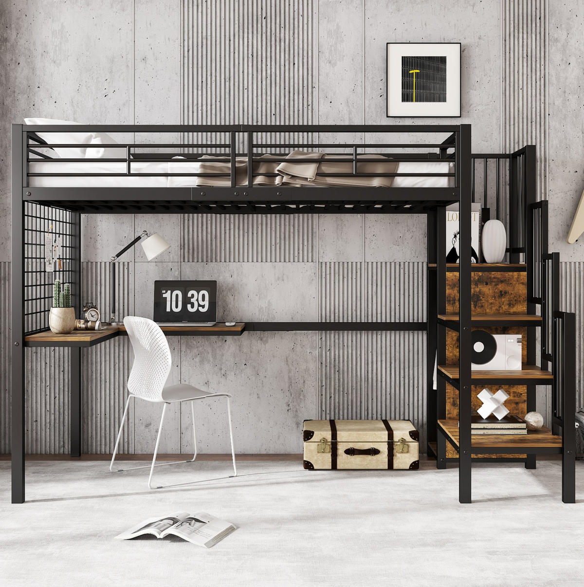 HOCHBETT aus Metall und Holzwerkstoff 90x200 cm Schwarz und Dunkelwalnuss mit Kleiderschrank und Seitentreppe - Schwarz, Holzwerkstoff (90/200cm) - Modfu