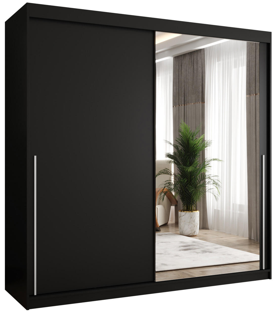SCHIEBETÜRENSCHRANK mit Spiegel 200 cm Breite, schwarz mit silbernem Griff - Silberfarben/Schwarz, Holzwerkstoff (250/200/62cm) - Home Collective