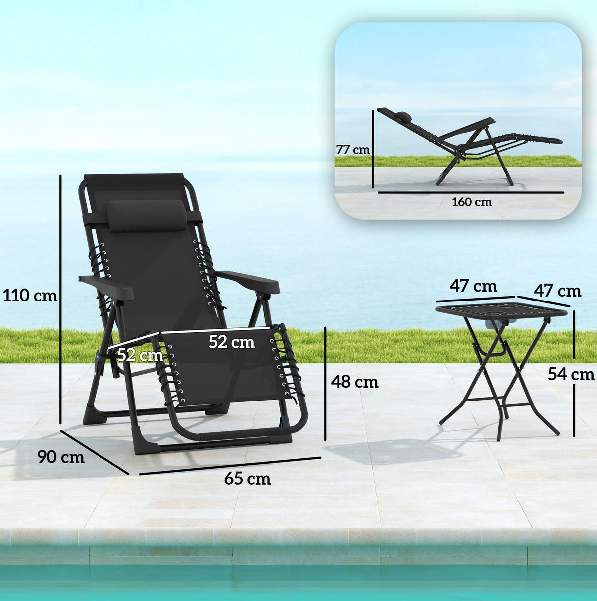 GARTENLIEGE-SET 90/65/110 cm schwarz aus Metall klappbar mit Tisch - Schwarz, Metall (65/110/90cm) - OKWISH