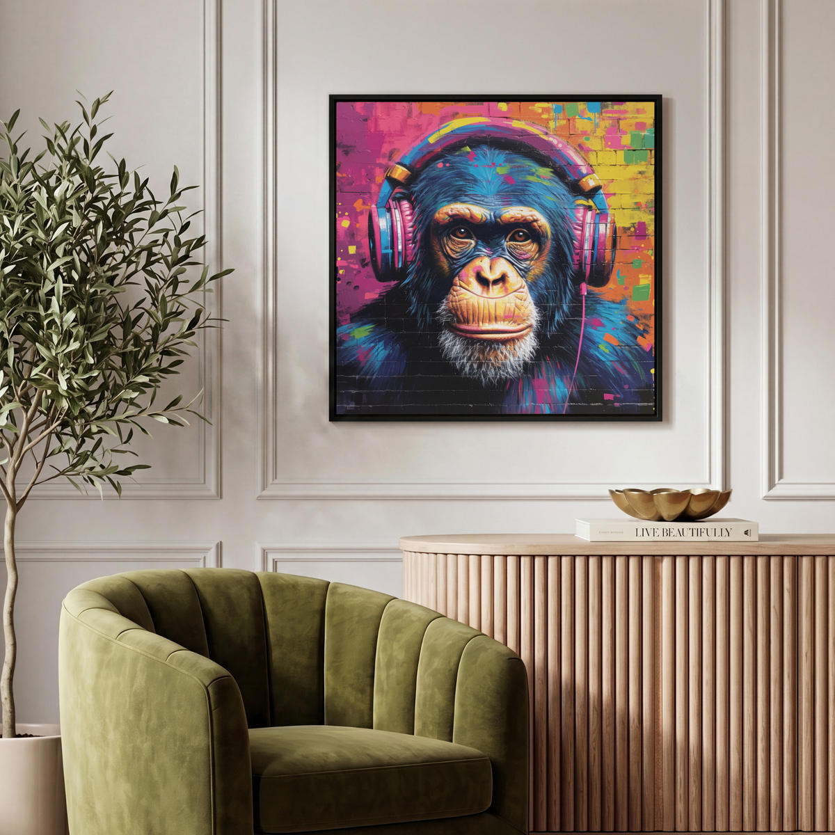 LEINWAND Bilder mit Rahmen - Graffiti - Schimpanse - Straßenkunst - Kopfhörer - Affe - 50x50 - Blau, Textil (50/50cm) - MuchoWow