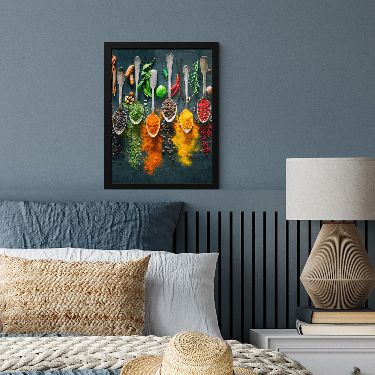 GERAHMTES BILD Kräuter - Gewürze - Löffel 30x40 cm - Currygelb, Papier (30/40cm) - MuchoWow