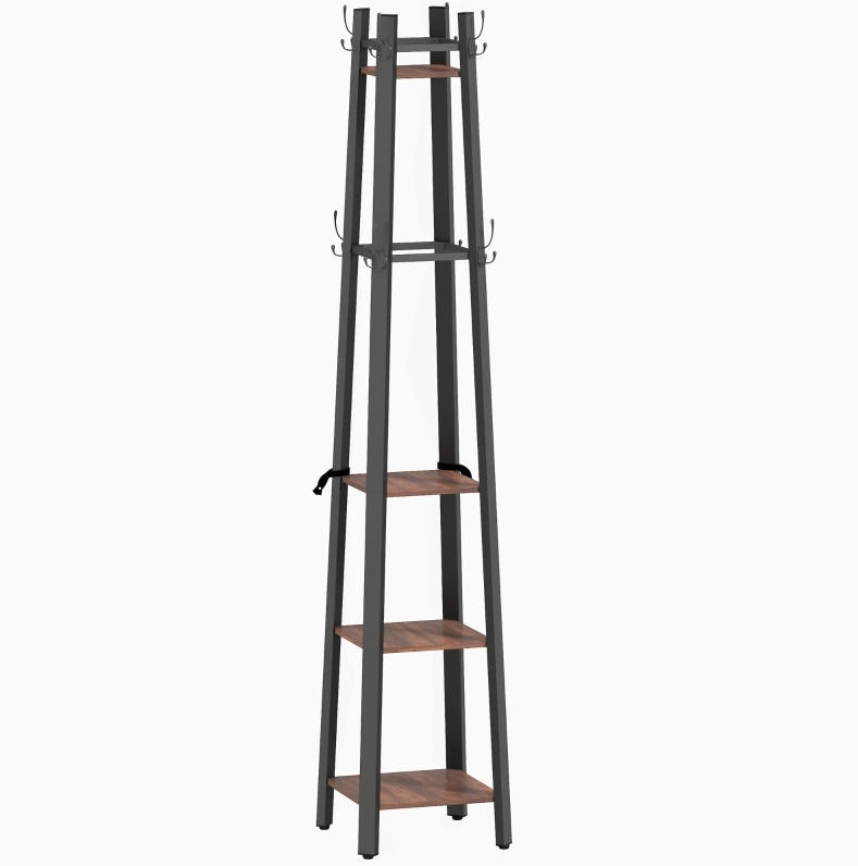KLEIDERSTÄNDER 34,8/179/34,8 cm Braun aus Holz und Metall mit 8 Haken und 4 Ablagen - Braun, Holz (34.8/179/34.8cm) - OKMYHOME