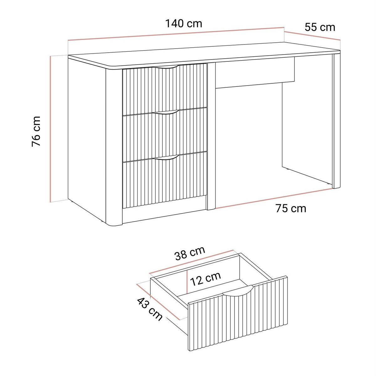 SCHREIBTISCH SCARLETT mit geriffelten Schubladen - Beige, Holzwerkstoff (55/140/76cm) - Lookway
