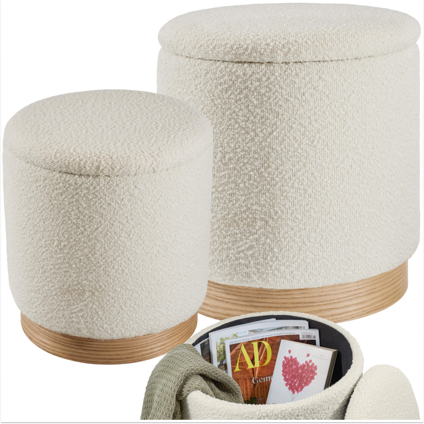 SITZHOCKER 2er Set mit Stauraum Orchide,Gestelle aus MDF-Platten,creme - Creme, Holz (38/42/38cm) - tectake