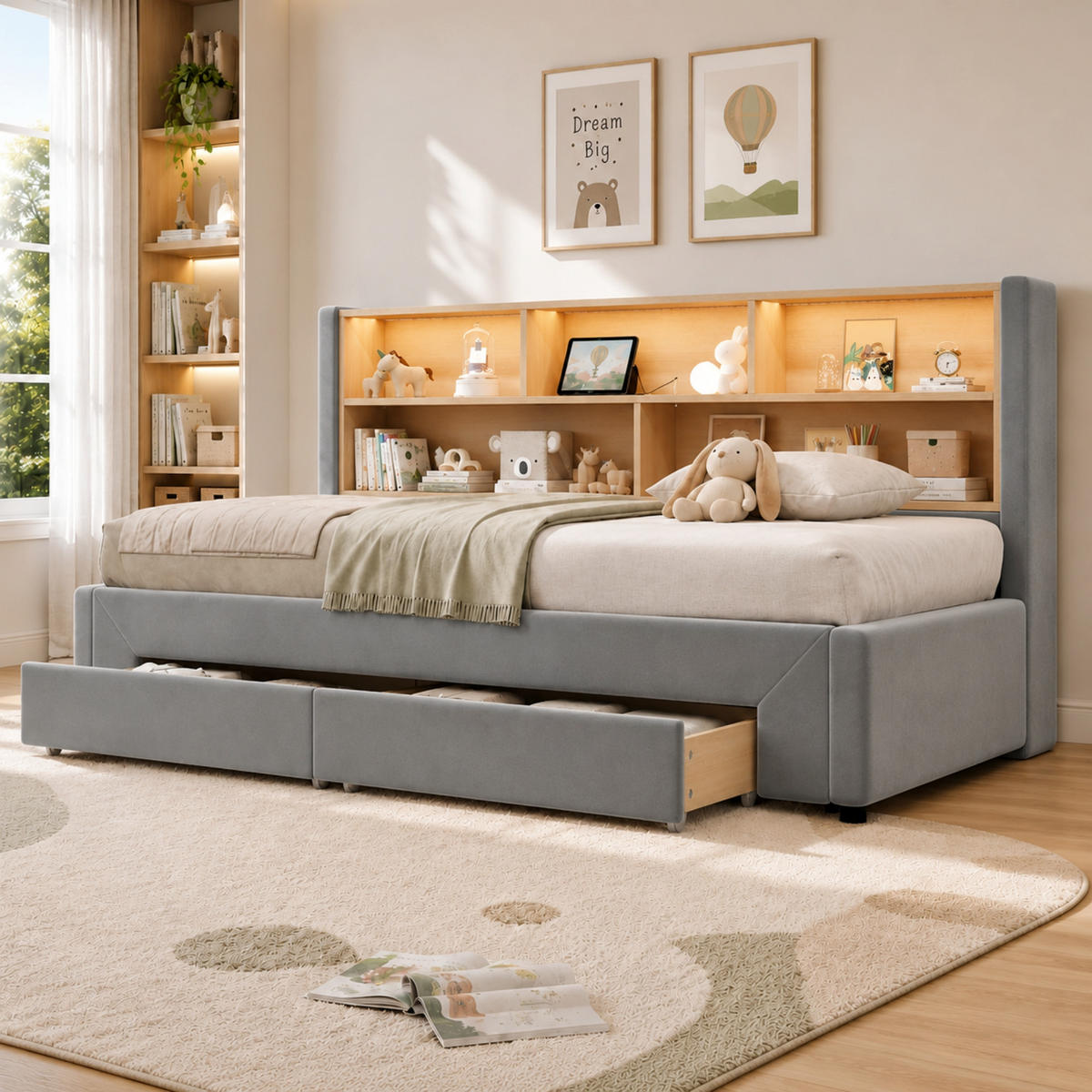POLSTERBETT 90/200 cm & 180/200 cm in Grau mit Schubladen, offenen Fächern, USB, Type-C und LED Samt Design - Grau, Holzwerkstoff/Textil (90/200cm) - STILVORA