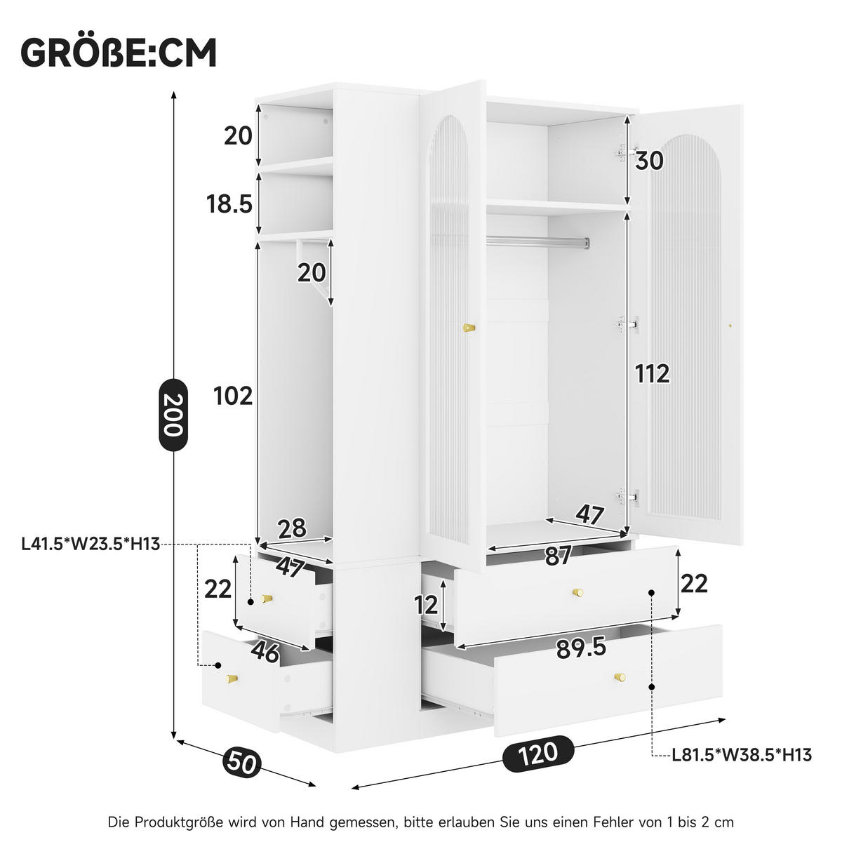 KLEIDERSCHRANK Weiß 120x200cm, 4 Schubladen, 2 Glastüren & 2 Kleiderstangen - Weiß, Holzwerkstoff (120/200/50cm) - Urban Meuble