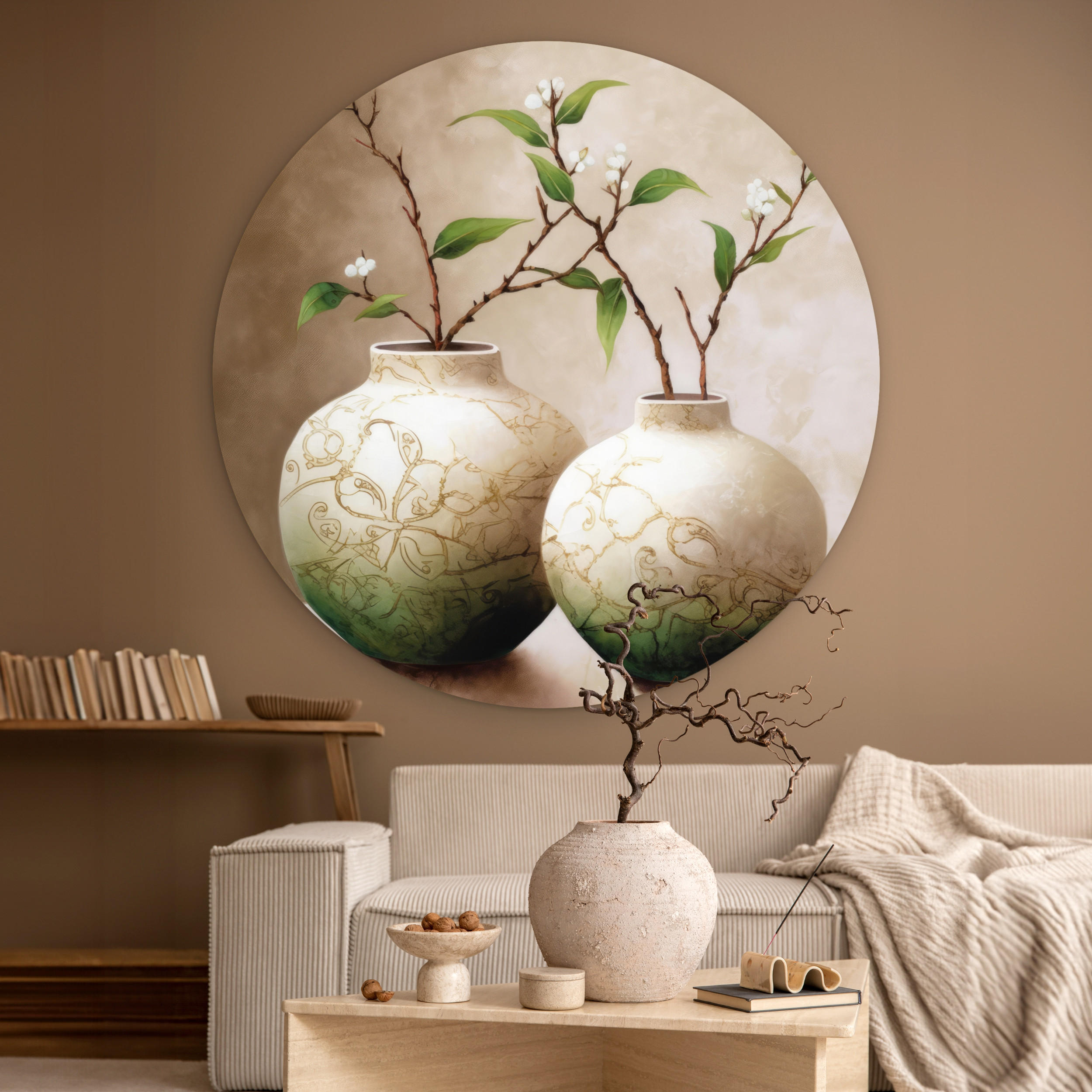 WANDBILD Blumen - Vase - Weiß - Botanisch - Beige 120x120 cm - Ecru, Kunststoff (120/120cm) - MuchoWow