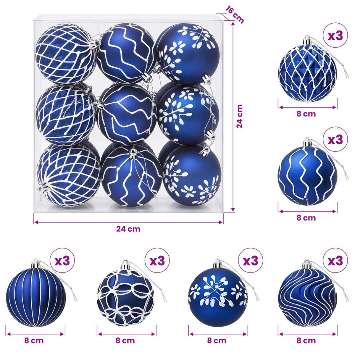 WEIHNACHTSKUGELSET XL 18 -teilig 8 cm Blau Polystyrol - Blau, Kunststoff (8/8/8cm) - vidaXL
