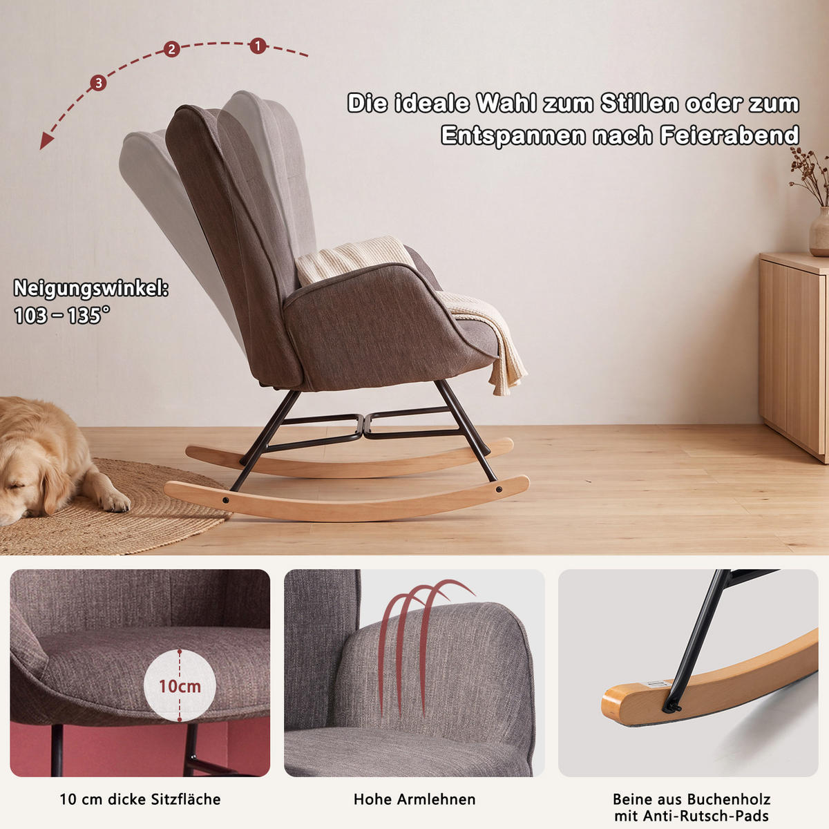 SCHAUKELSTUHL aus dunkelgrauem Stoff, skandinavisches Design, für Wohnzimmer und Schlafzimmer - Dunkelbraun, Textil/Metall (66/97/84cm) - Meubles Cosy