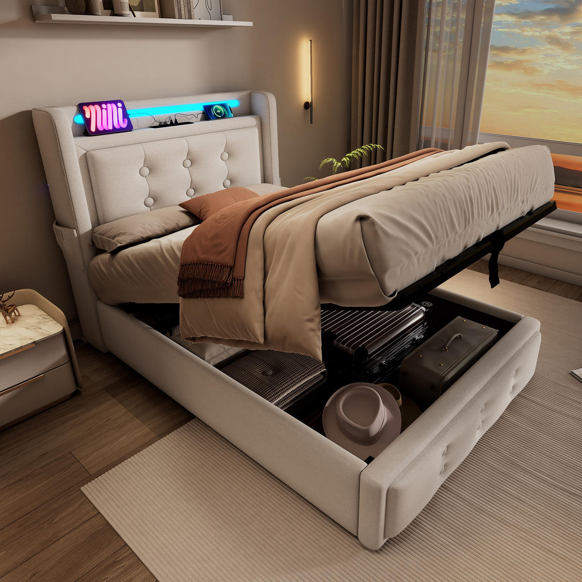 POLSTERBETT aus Baumwoll-Leinen 90x200 cm in Beige mit LED & USB-C - Beige, Textil (90/200cm) - Modfu