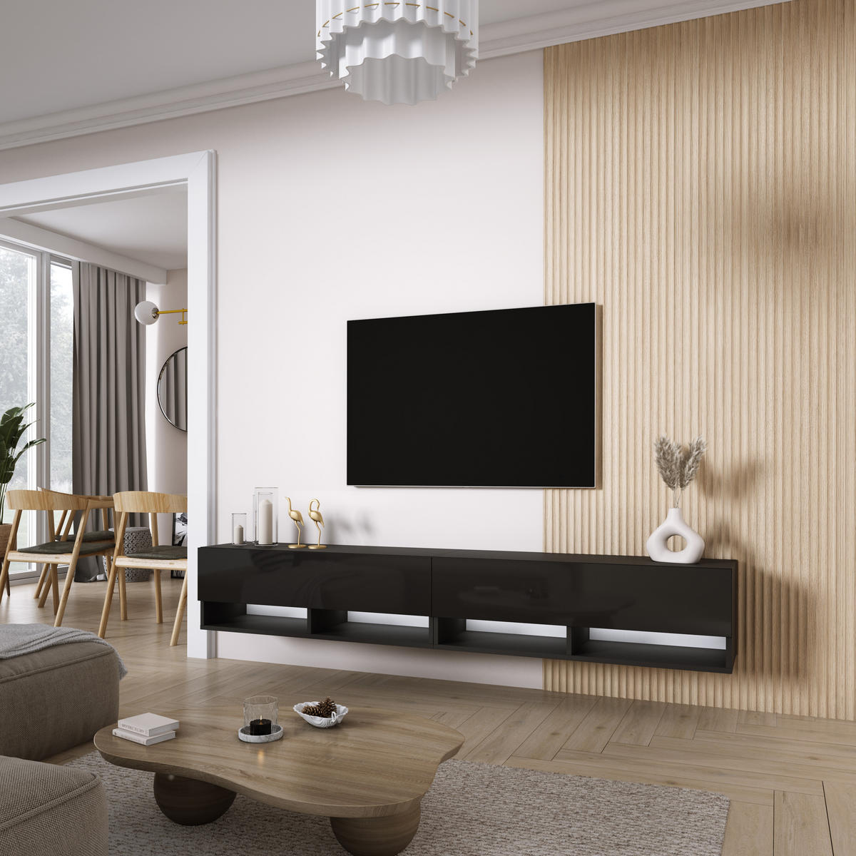 TV-LOWBOARD 200 (2 x 100) cm Mattschwarz / Hochglanzschwarz, weiße LED, 200 × 32 × 34 cm - Schwarz, Holzwerkstoff (200/33.6/32cm) - 3XE LIVING