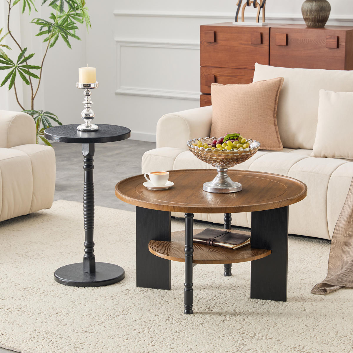 COUCHTISCH-SET Walnuss/Schwarz 2er-Set - Walnussfarben, Holzwerkstoff (80/80/47cm) - PANGIVO