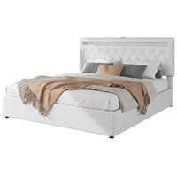 POLSTERBETT 180/200 cm aus Leinen mit LED-Beleuchtung, USB- und USB-C-Anschluss und hydraulischem Stauraum, Weiß - Weiß, Textil (180/200cm) - Redom