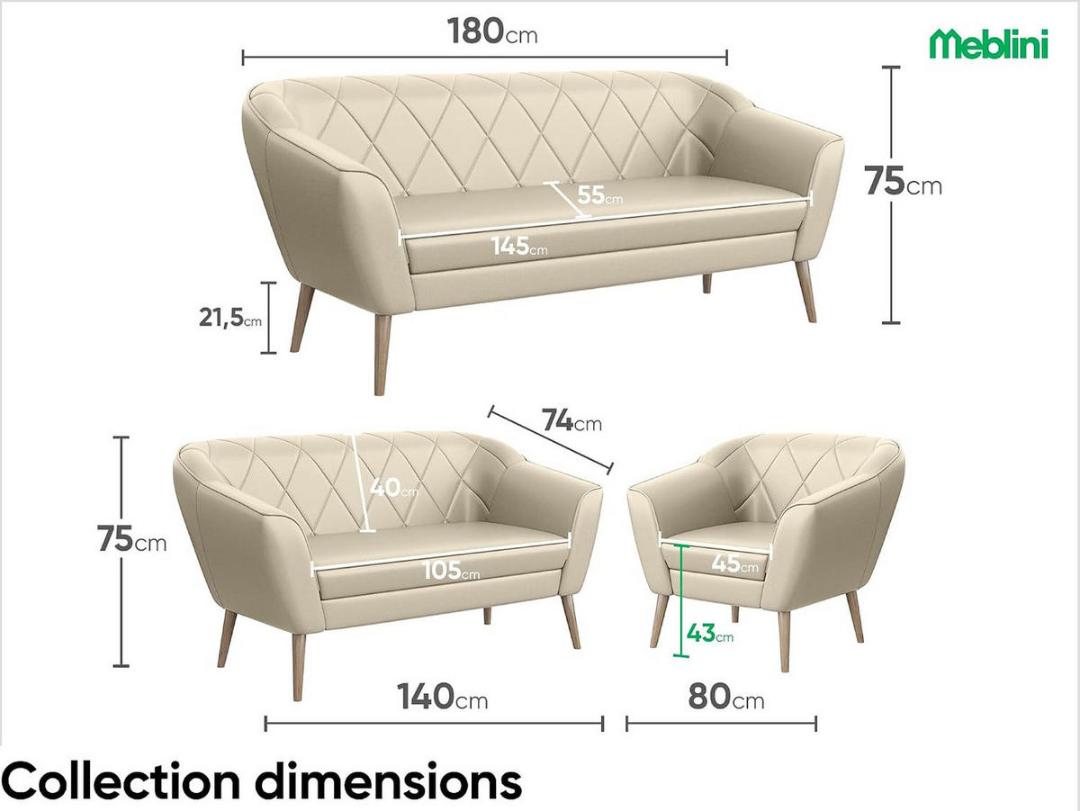 SOFA Gisela (3-Sitzer) - Buchefarben/Creme, Holzwerkstoff/Buchenholz (180/75/74cm) - Meblini