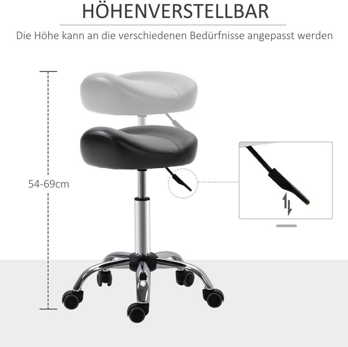 ROLLHOCKER in Schwarz 48x48x69 cm, höhenverstellbar von 54–69 cm, mit Sattelsitz und 5 Rollen - Schwarz, Kunststoff (48/69/48cm) - IVMEU