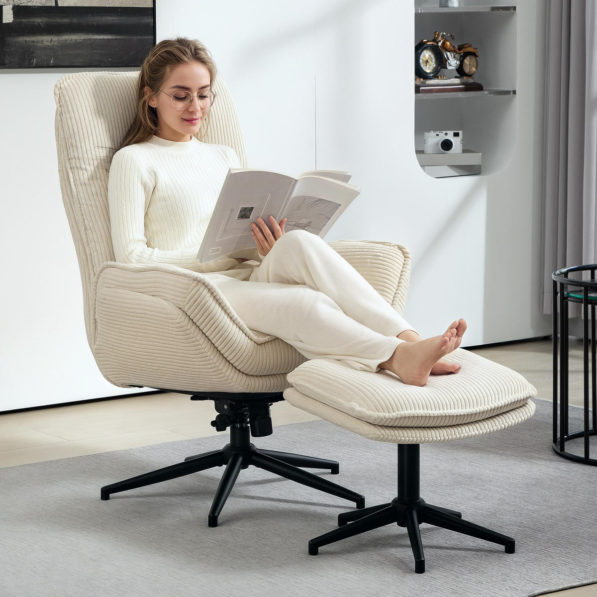 RELAXSESSEL mit Hocker 360°Drehbarer Fernsehsessel mit Liegefunktion, Cord Beige - Beige, Textil (72/107/83cm) - HOMCOM
