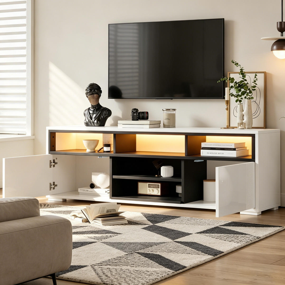 TV-ELEMENT 150/35/50 cm Weiß mit 8 Lagerräume - Weiß, Holz (150/50/35cm) - Oxeza