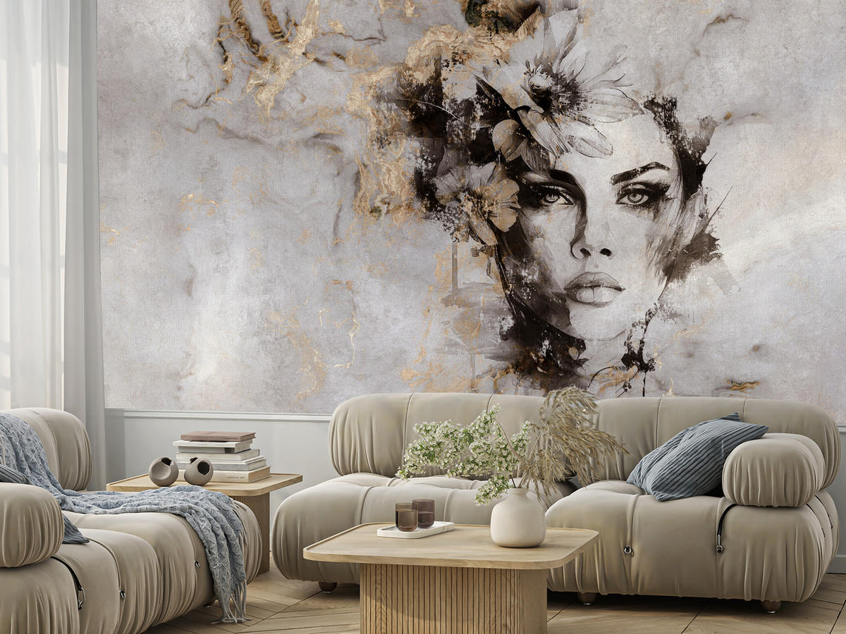 FOTOTAPETE für Wohnzimmer Frau Porträt Beton Blumen Modern 450x315 - Gelb/Beige, Papier (450/315cm) - Muralo