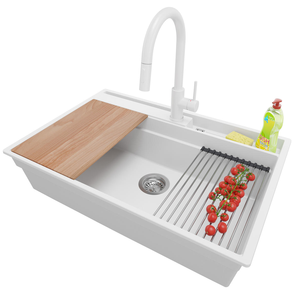 GRANITSPÜLE Oslo Pocket, 2-er set Weiß 78/53 cm 1 Becken + Küchenarmatur 40/20 cm + Ablauf-Set + Küchenzubehörset ab 80er Unterschrank - Chromfarben/Beige, Kunststoff (78/20/53cm) - Primagran