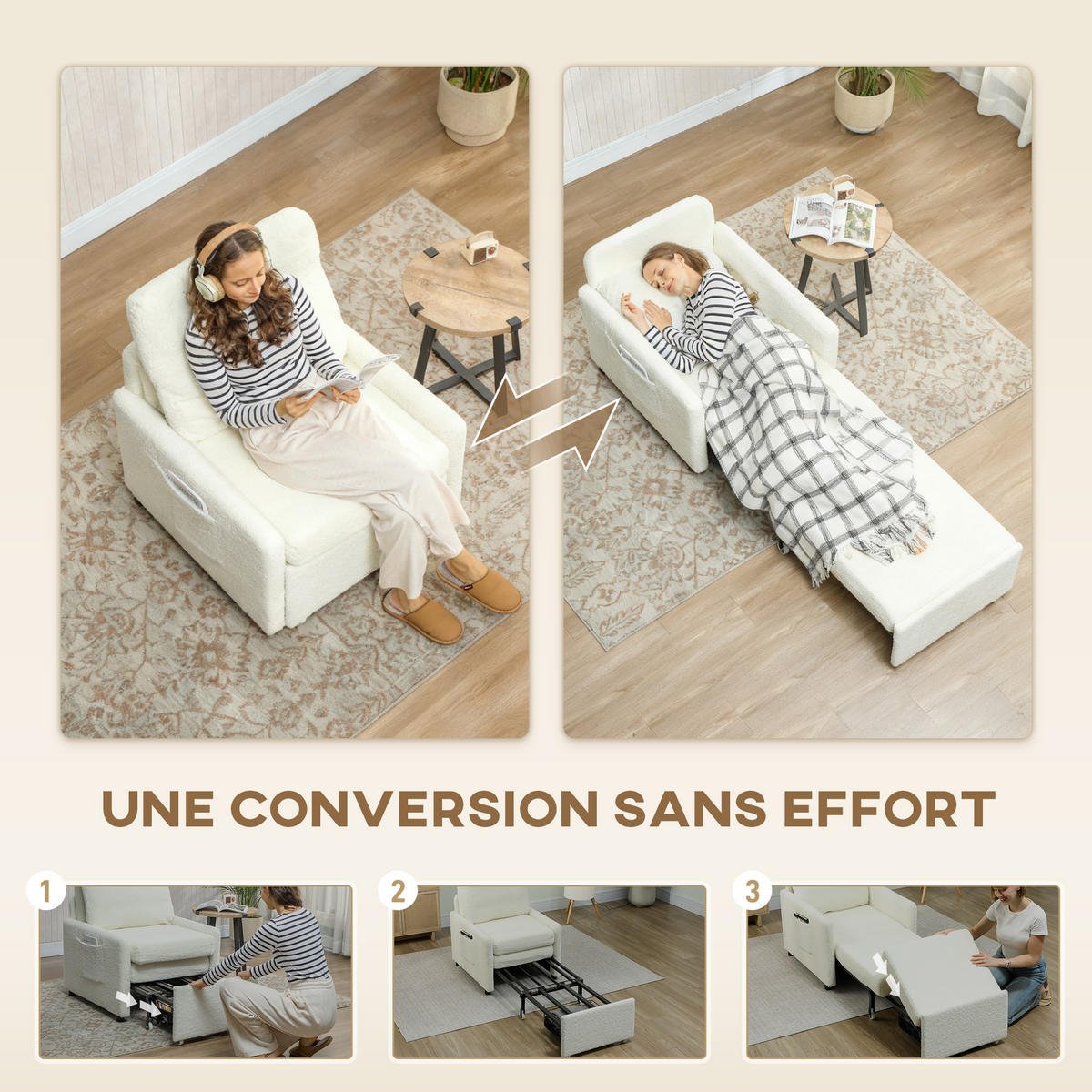 SCHLAFSESSEL DE-14634 mit verstecktem Stauraum und breiter Sitzfläche Creme - Creme, Textil (72/91/85.5cm) - ComfortXL
