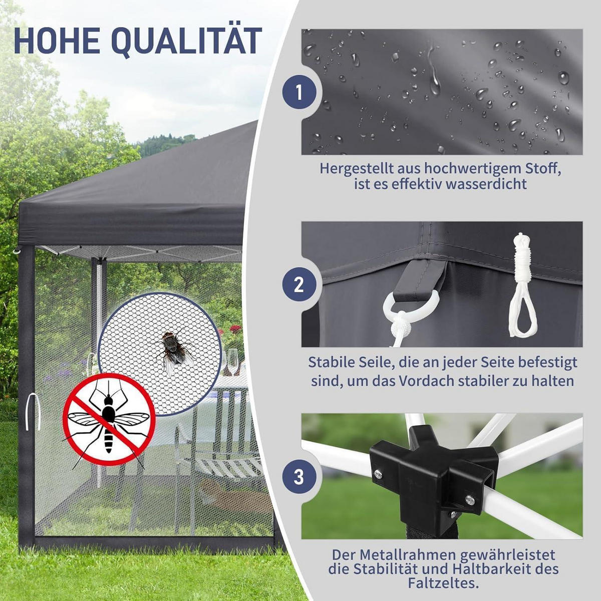 FALTPAVILLON 3 x 3 m Anthrazit mit Moskitonetzen - Anthrazit, Textil (300/245/300cm)