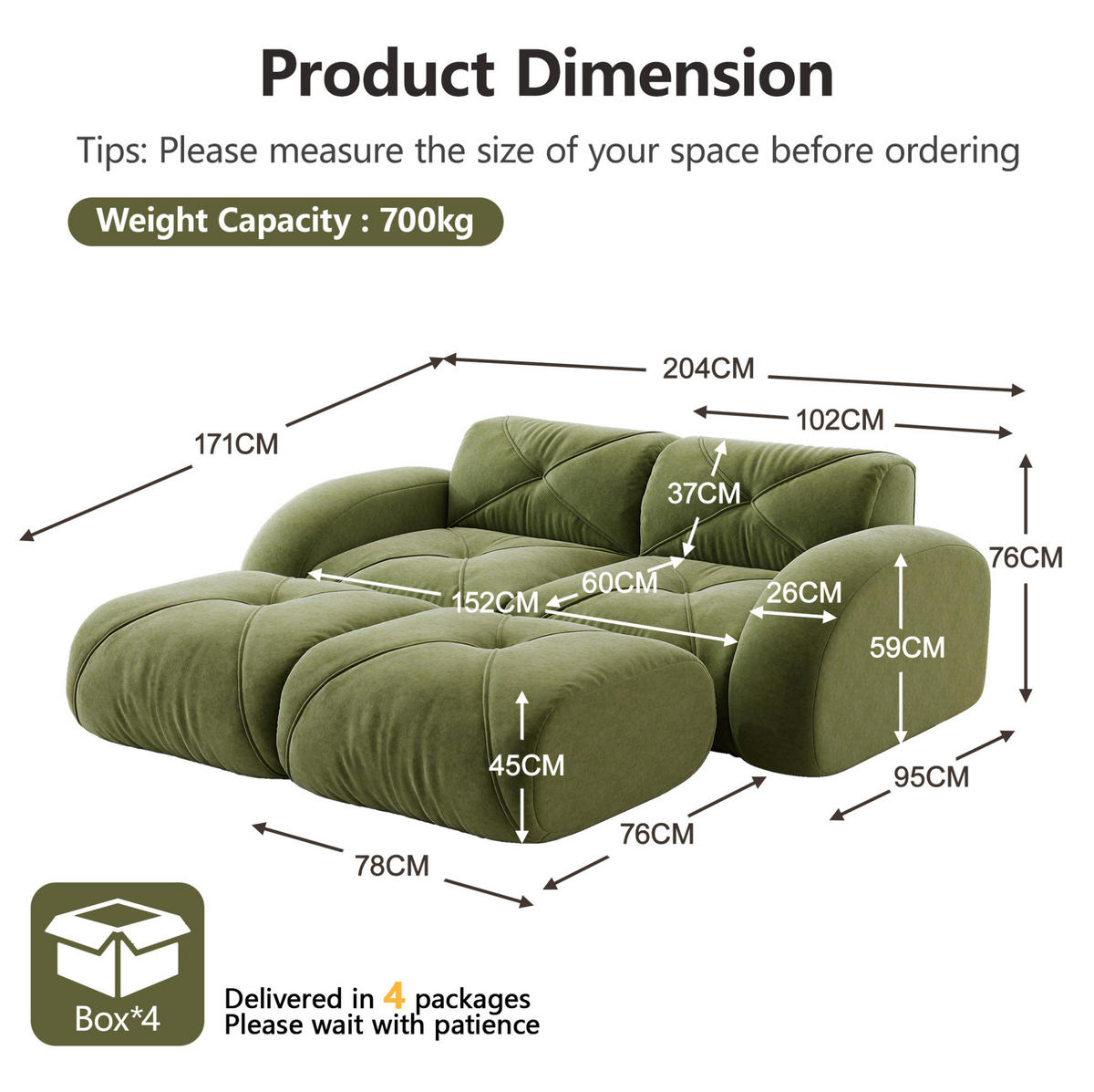 SOFA rahmenlos modular Chenille Green - Grün, Kunststoff (171/76/204.1cm) - Meubliv