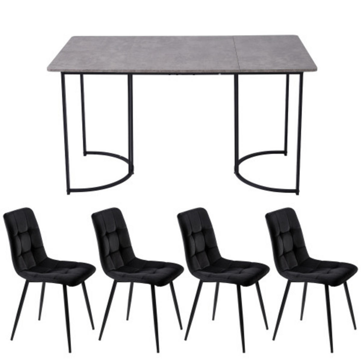 ESSZIMMER-SET 5-tlg mit Marmor-Spanplatten-Tisch 140x80, vier Samtstühlen mit verstellbaren Metallbeinen, grau-schwarz - Schwarz, Holzwerkstoff (80/75/140cm) - Luhomfu