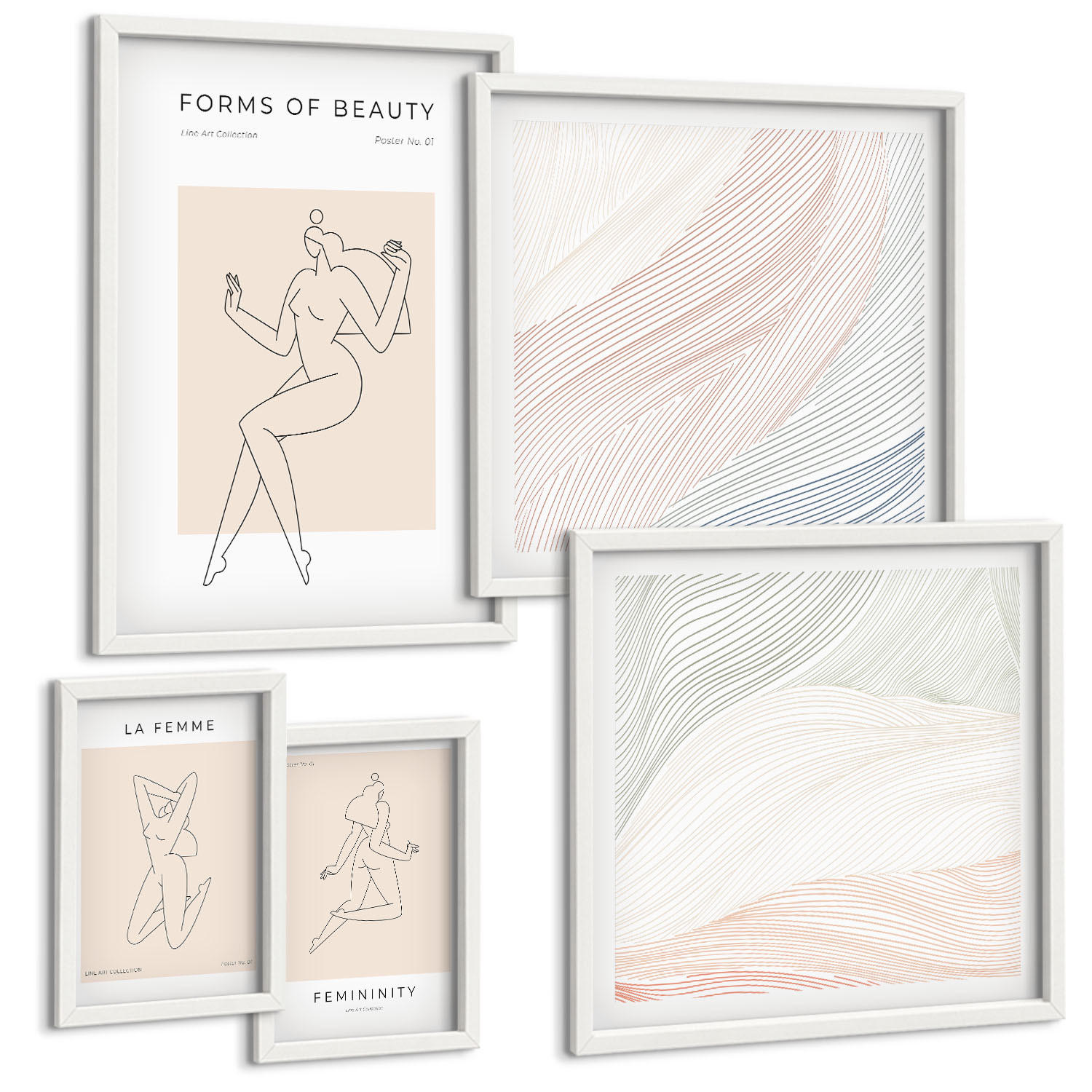 BILDER SET 5er Set - 50x50 cm & 20x30 cm & 40x60 cm Weißer Rahmen - Weibliche Silhouetten auf Plakaten - Weiß, Kunststoff (40/60cm) - TULUP