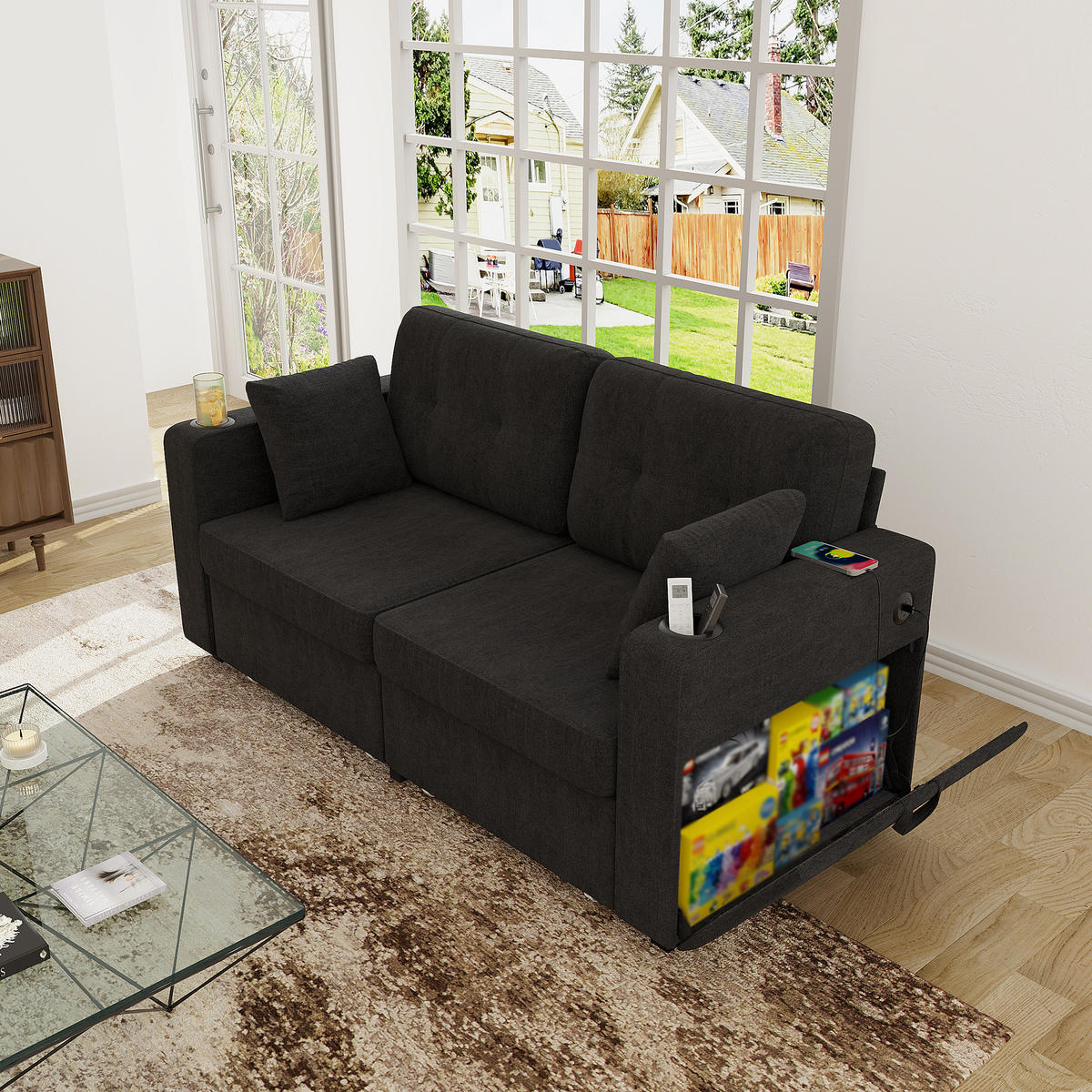 2-SITZER SOFA Chenille Schwarz mit USB und Stauraumschubladen - Schwarz, Textil/Metall (172/82/75cm) - WISHDOR