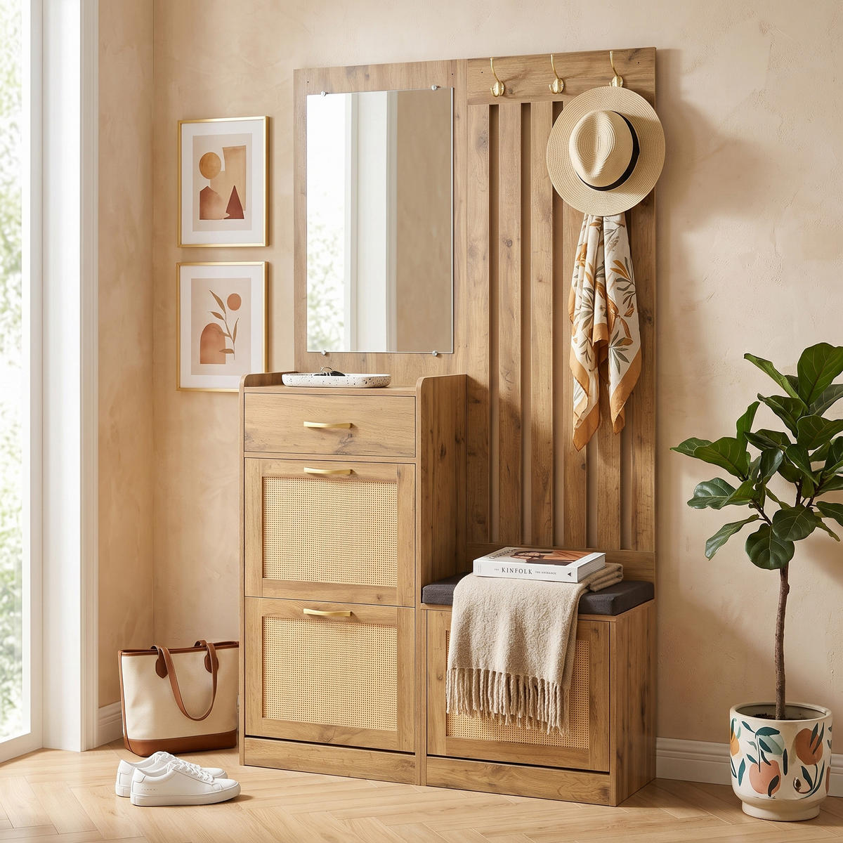 GARDEROBE 100cm Natur & Rattanoptik mit Schuhkipper, Spiegel & Sitzbank - Naturfarben, Holzwerkstoff (99.5/180/26cm) - Urban Meuble