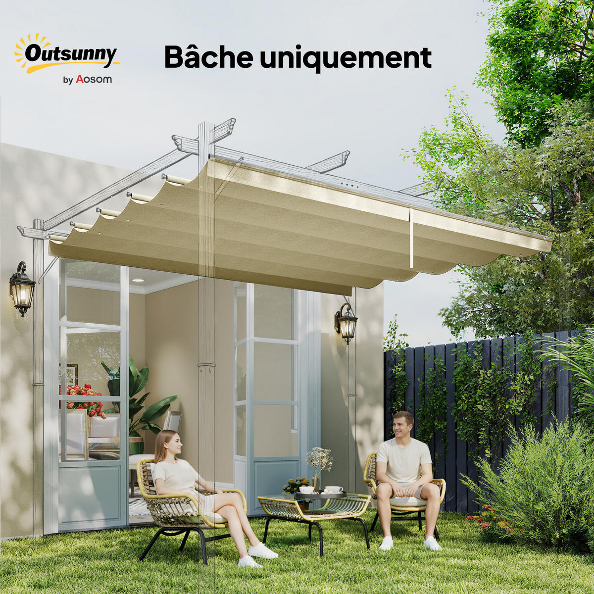 ERSATZDACH DE-12681 250/255 cm für 3x3 m Pergola mit 10 Ösen Creme - Creme, Textil (250/6/255cm) - ComfortXL