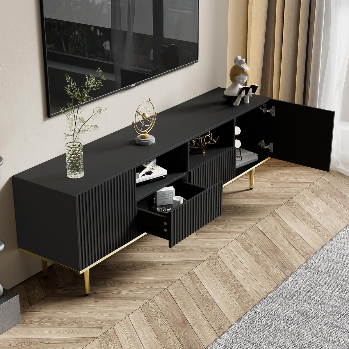TV stolek 165/36/55 cm s úložným prostorem, zlatými detaily a bezúchytkovým otevíráním, Černá - černá, kompozitní dřevo (165/55/36cm) - Redom
