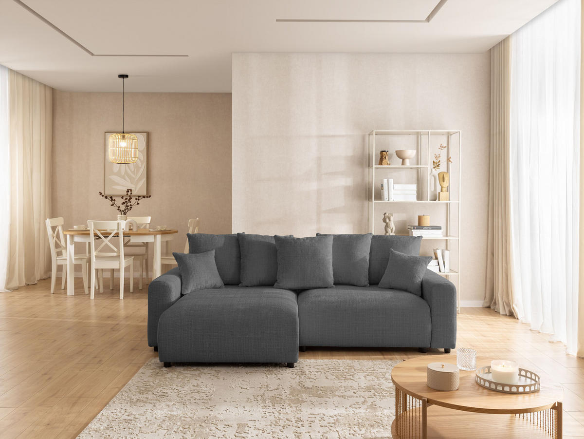 ECKSOFA Calma mit Schlaffunktion und Bettkasten im Bumpy-Design aus weichem Grau Chenille-Stoff - Ottomane links - Beige/Schwarz, Holz/Kunststoff (140/239cm) - S-Style Möbel