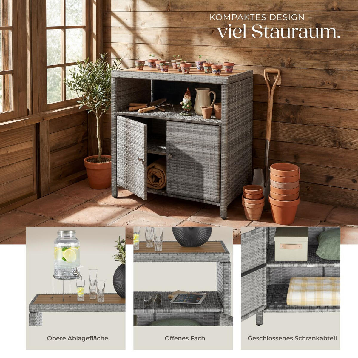 GARTENSCHRANK Monscia, höhenverstellbare Füße, 90 x 55,5 x 87 cm, grau - Grau, Kunststoff (90/97/55.5cm) - tectake