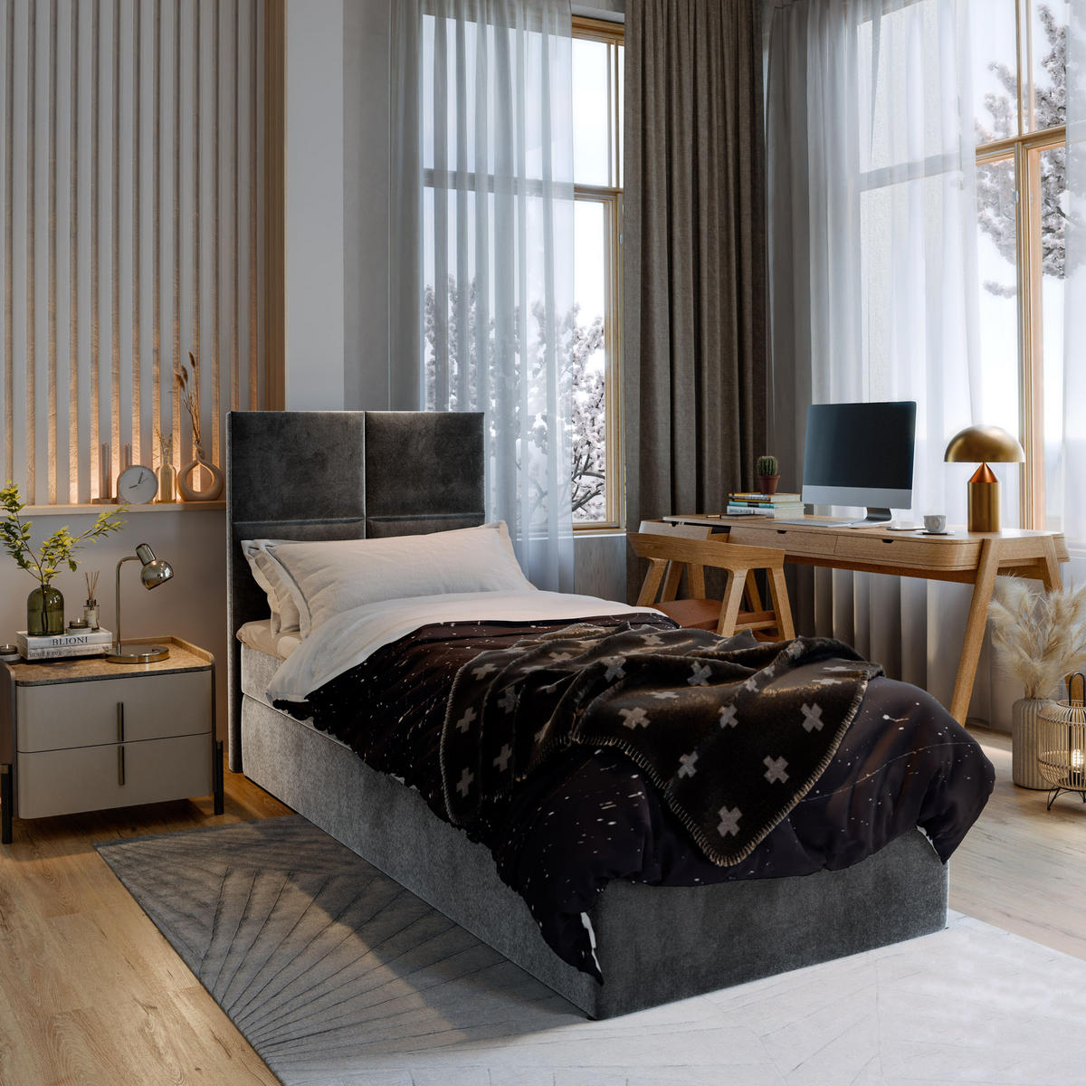 BOXBETT LENA 100 100x200 cm mit Matratze und Topper - Grau - Grau, Holz (100/200cm) - MASSENO