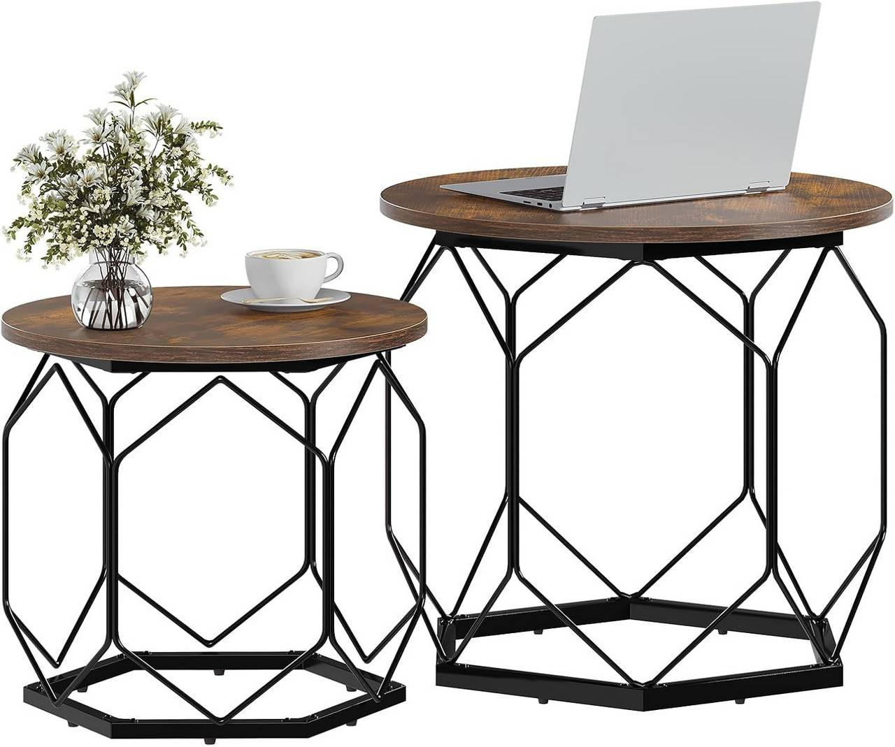 COUCHTISCH 2er Set, rund, Rustikales Braun - Dunkelbraun/Schwarz, Holzwerkstoff/Metall (50/50/45cm) - Woltu