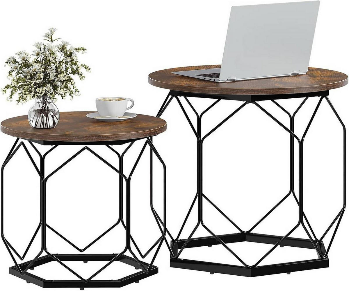 COUCHTISCH 2er Set, rund, Rustikales Braun - Dunkelbraun/Schwarz, Holzwerkstoff/Metall (50/50/45cm) - Woltu